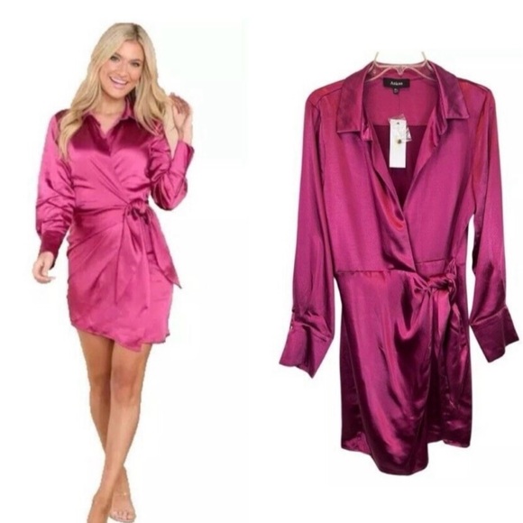 Aakaa- Elegant Fusia Tie Wrap Cocktail Mini Dress - Picture 4 of 7